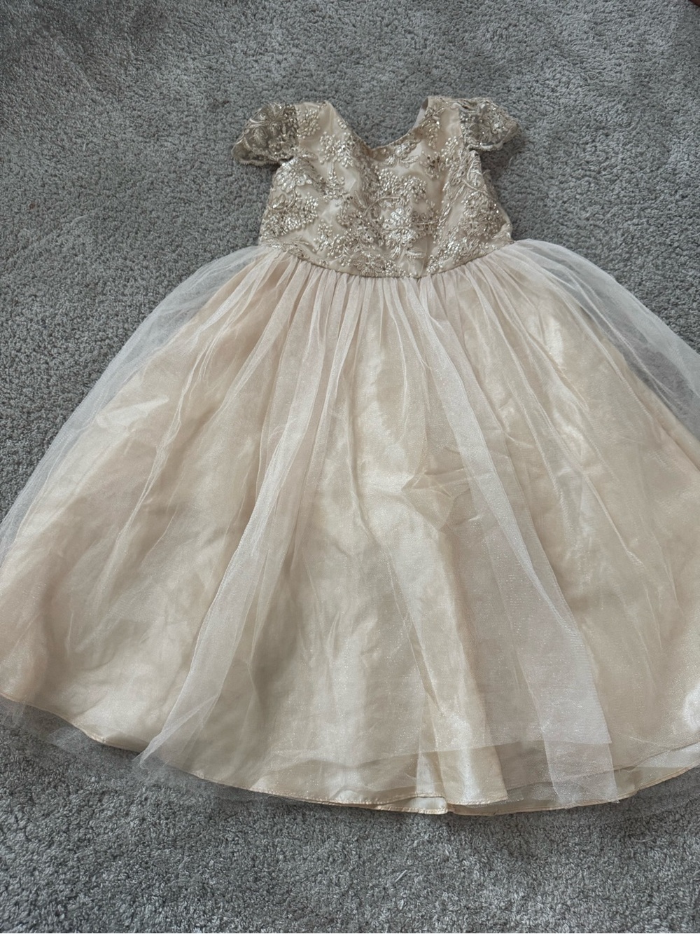 Girls Ivory Champagne Tulle Party Dress with Sequin Bodice